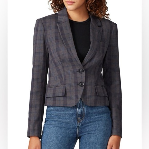 Marissa WebbPlaid Waist Length Button Front Boy Blazer in Gray/Blue Sz Small